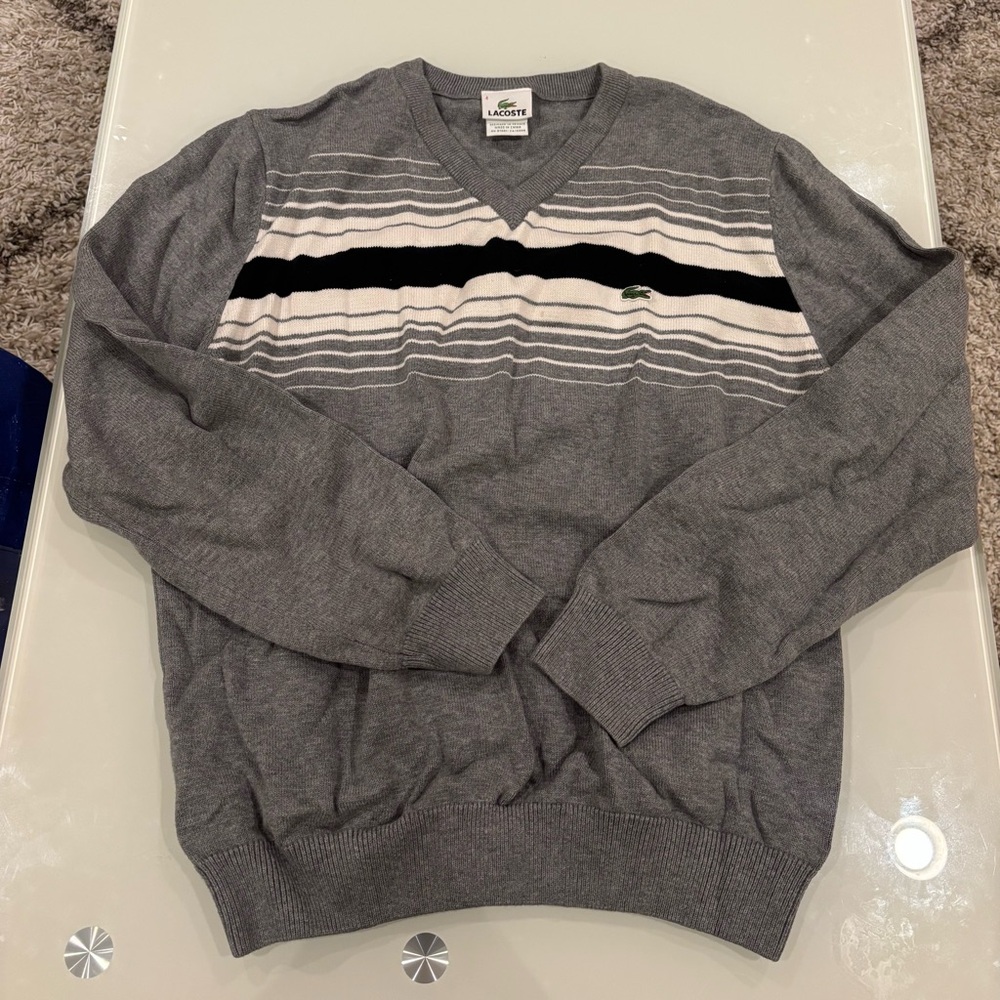 Lacoste Men's V-Neck Sweater in Gray and Black Stripes